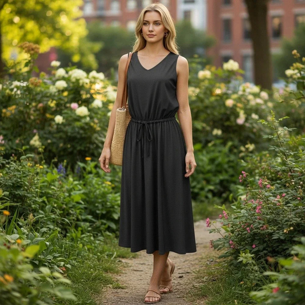 Black Sleeveless V-Neck Midi Dress with Drawstring Waist and Pockets XL - Picture 2 of 7